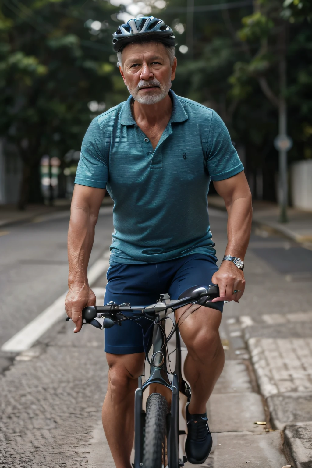(best quality:1.4), (Ultra Highres:1.2), (fotorrealista:1.4), (8k, Foto RAW:1.2), 1homem Foto de um homem moreno de 50 anos Casual Clothes, Outside, parte superior do corpo, cabelo em um coque, Posando. andando de bicicleta .