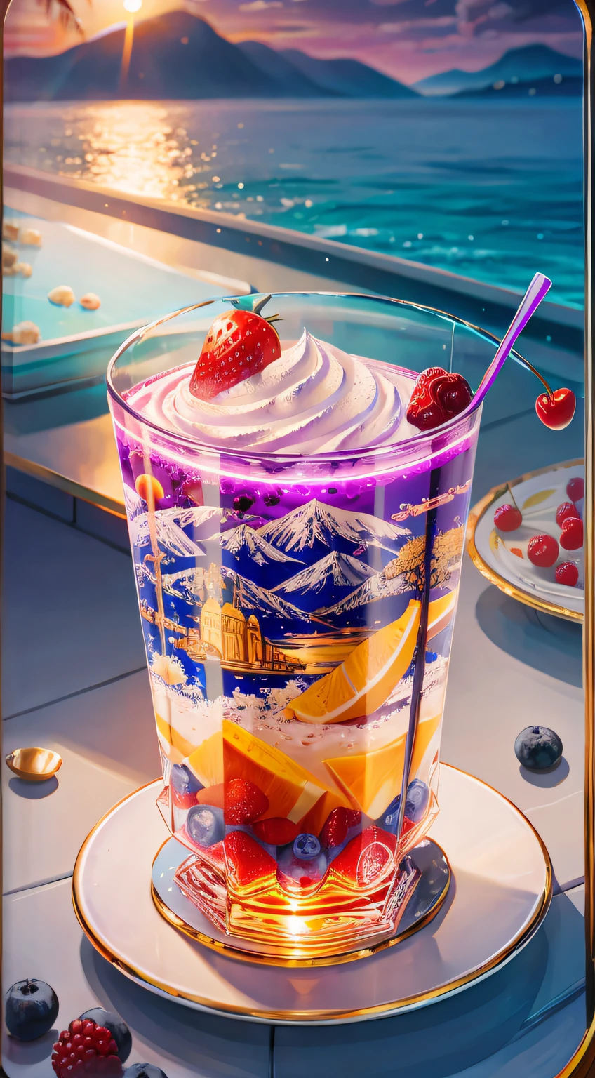 landscape: Sea, mountains, Palm trees, Beach, Magnificent sunrise, rainbow whipped cream, Colorful, Faceted glass, amethyst crystal, mother-of-pearl shimmers, Multicolored, Different, Berry yogurt, CocktailWorld, scenery, landscape, Street, Depth of field , ((blurred background)), Masterpiece, Best Quality, ultra detail, (((Multi-layered jelly))) glass, stained glass windows, tmasterpiece, Top Quality, Experience, Chic, a gold, utensil, kettle, a cup, plate, crystals, with floral print,1 cup milk yogurt) 1 teaspoon vanilla extract of your choice, Chopped fresh fruitor example, strawberries, kiwi, mango, blackberry, raspberry, cherry, carambola, blueberries, etc.) Marengo, Epoxy