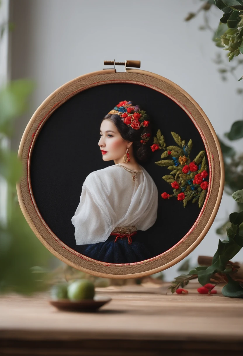 Best composition、(beautiful woman in national costume、Thread thick embroidery thread through needle、Embroider a beautiful picture of a girl based on the sketch、A picture of a beautiful girl is embroidered on the circular embroidery frame.。.)、On a table