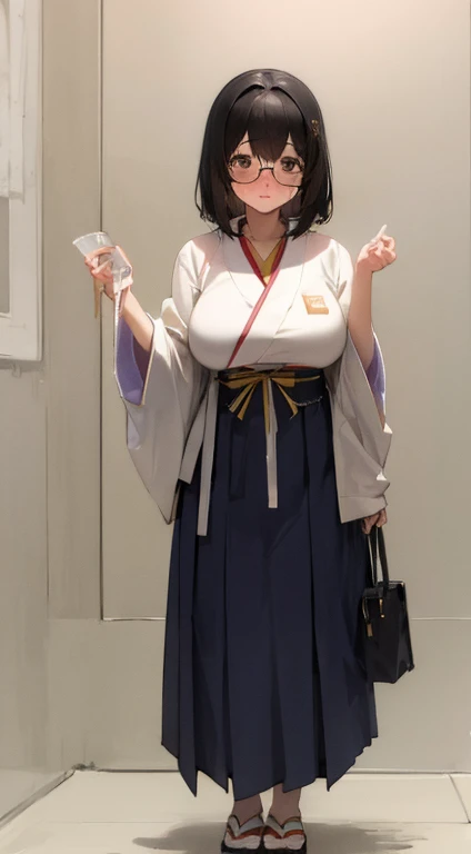 Stema Peace、hanekawa tsubasa、attack of glasses、A dark-haired、large boob、 (Black hair, Brown eyes, Round face), (nose blush, half opened eye),, [Full body shot]、eye glass、Head-to-toe shots、A dark-haired、wearing kimonos、The neck and hem are exposed、