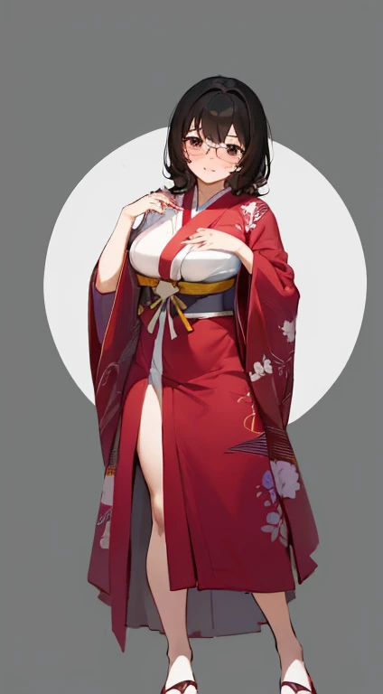 Stema Peace、hanekawa tsubasa、attack of glasses、A dark-haired、large boob、 (Black hair, Brown eyes, Round face), (nose blush, half opened eye),, [Full body shot]、eye glass、Head-to-toe shots、A dark-haired、wearing kimonos、The neck and hem are exposed、