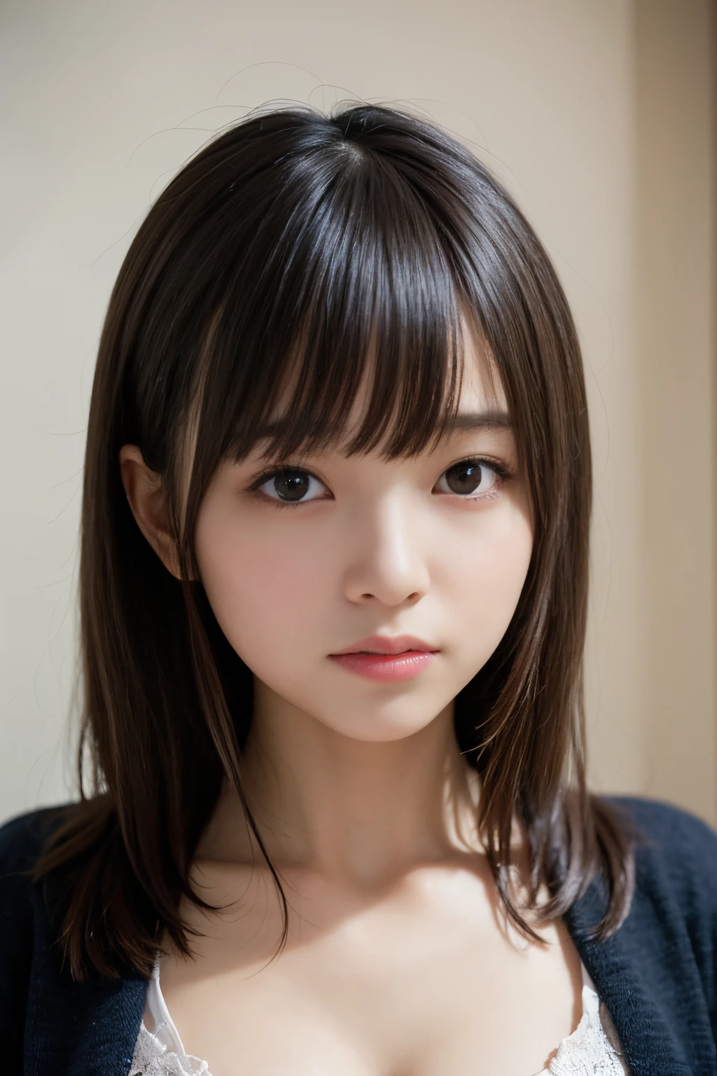 incredibly absurd, beautiful and cute 20-year-old Korean girl with a photorealistic face, showcasing top-quality craftsmanship. Her slender frame adorned with short, messy hair. The artwork high-resolution, allowing for ultra-detailed features to be captured flawlessly. The girl depicted naked. The focus lies on the realistic pupils, showcasing depth and emotion. ((breasts out))