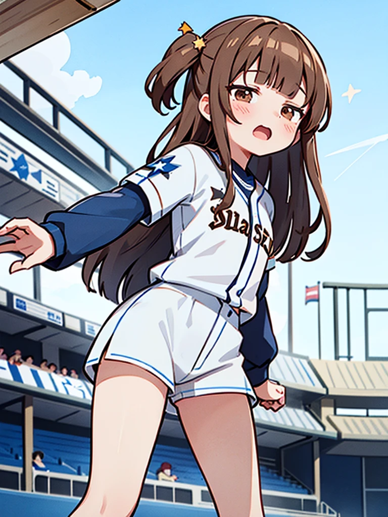 1girl, (solo), (white panties),
((Blunt bangs)), brown hair, brown eyes, long straight hair, ((silver-star-hairpin on her right bang)), blue baseball uniform, Left Wing Seats at the baseball stadium, with flag, cheering, full house, shouting, grinps,
masutepiece, ultra-detailliert, best quality,