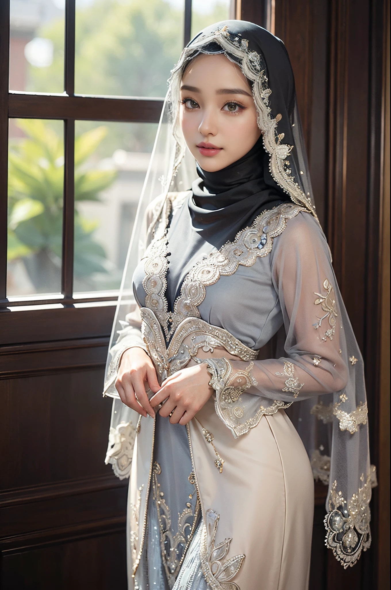 Best quality, Realistic, Photorealistic, extremely detailed, An extremely delicate and beautiful, RAW photo, 4K, 8K, Professional lighting, Dynamic lighting, light in face, Depth of field, solo focus, full body, flawless beauties，A 20-year-old female, Brown eyes, Smaller head, Fashion girl, Beautiful eyes,small breasts, Real face, Real skin, Realistic face, Realistic skin, Detailed eyes,veil over her face,detailed hijab, detailed clothes feature, (fashionable attire:1.3), (intricate fashion hijab: 1.3) dynamic poses,Detailed face, pretty smile, cowboy shot,(put Hands behind back)
