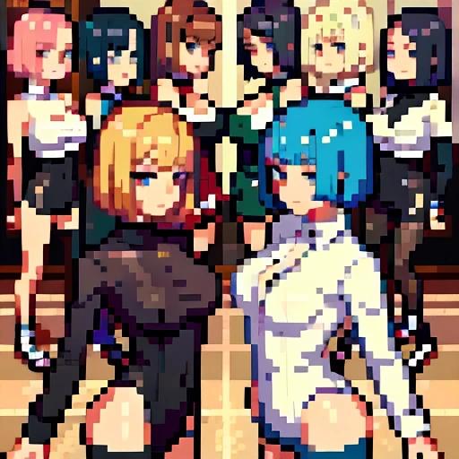 8 personagens femininas peladas, posando e cada uma com um estilo sexual diferente e cabelos com estilos e cores e tamanhos diferentes,estilos de roupas sexy diferentes, they are very separate from each other.