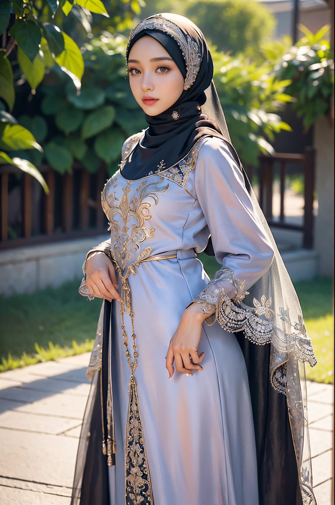 a beautiful woman, wearing cape hijab, whole body covered by battle armor, standyng on the flower garden in front yar of a mosque, holding sword, chest cover accessories, non-transparent clothing, skin of chest and thighs is not exposed, elegant style pose, kpop idol face, perfect face, perfect body, big chest,