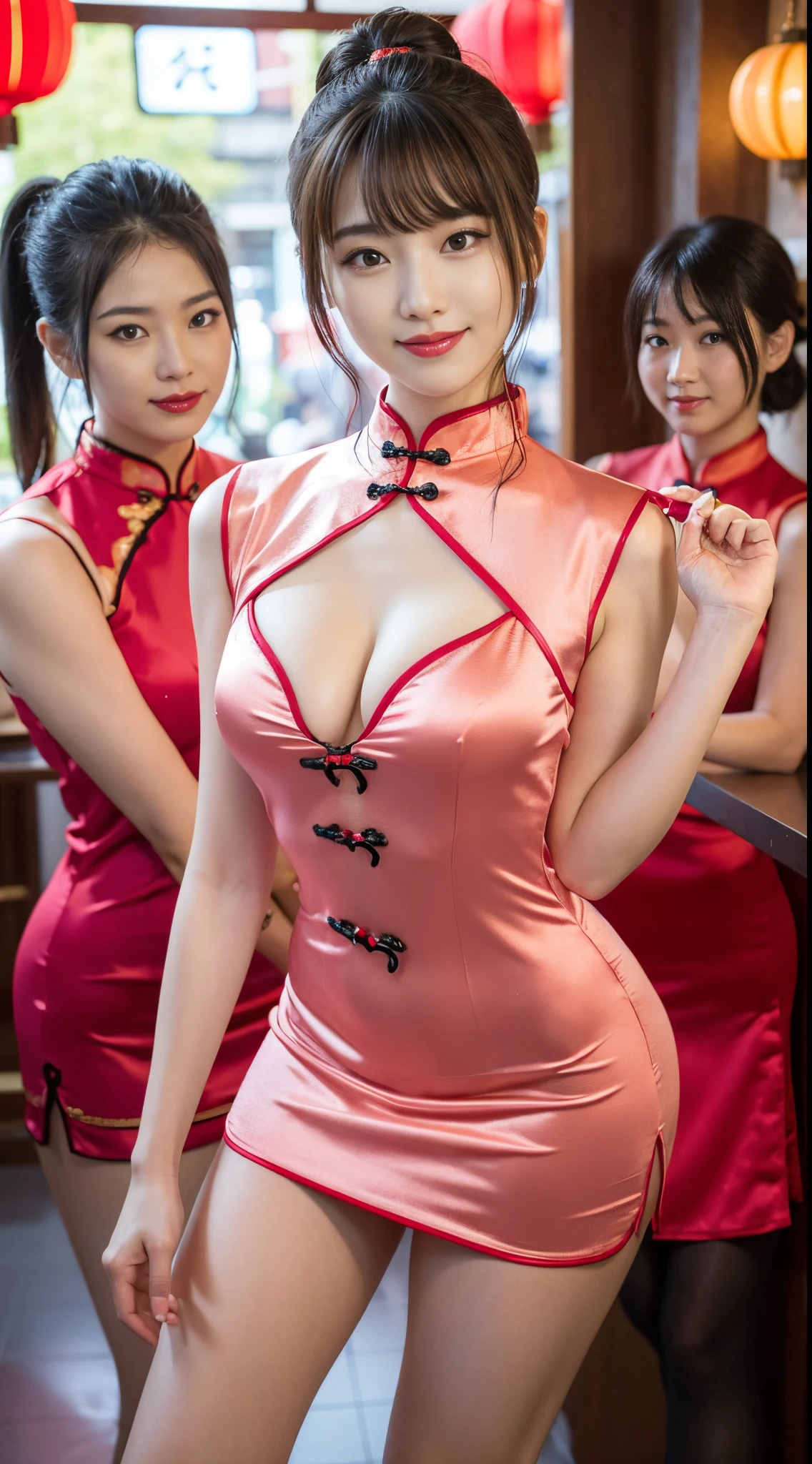 (top-quality、8K、masterpiece、nffsw:1.2)、Three 19-year-old slender beauties lined up,Flashy makeup with red eyeshadow,二重まぶた,delicate mid-cut ponytail,sexy cheongsam and silk miniskirt,The best smile,She is wearing a sexy short colorful cheongsam。。。。,Chinese dress with deep slit,draw hands correctly,The background is the bright interior of a Chinese restaurant.....,