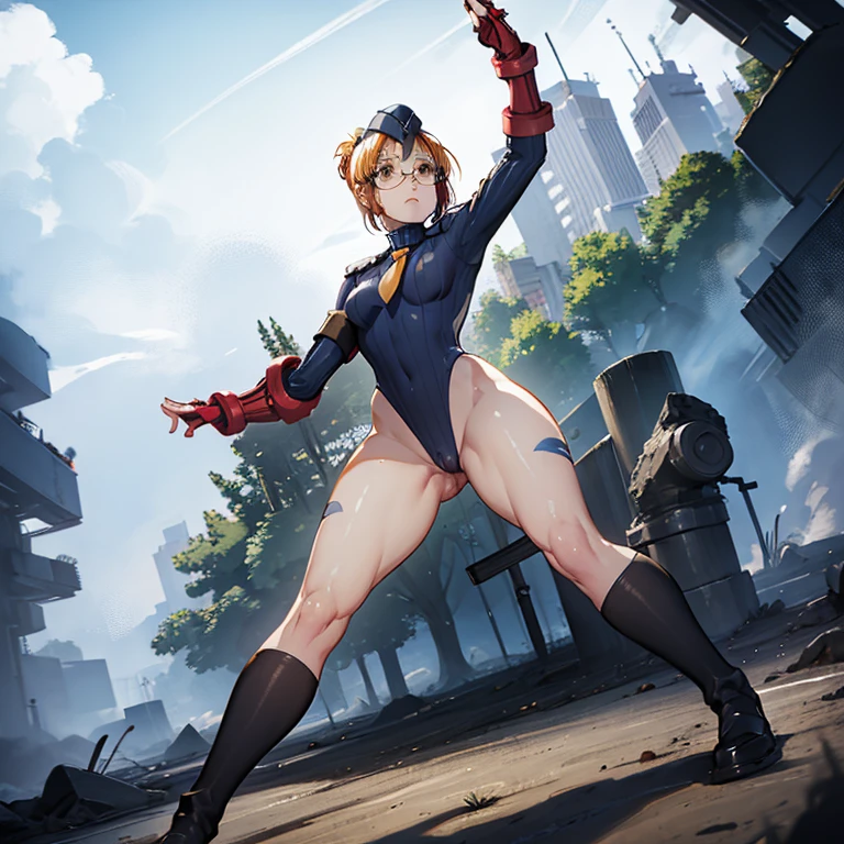 ultra-detailed, Explicit, Beautiful body, Beautiful Nose, Beautiful character design, perfect eyes, perfect face, ultra highres, 4K, beautiful legs, perfect legs, Nice hands, Perfect hand, Masterpiece, Best Quality, Highly detailed, illustration, absurdres, street fighter, doll suit, shadaloo doll, dollsuit, girls, multiple girls, expressionless, blank eyes, looking at viewer, red gloves, emotionless, black latex, corrution, mind control, female combatant, full body, hypnotized, unhappy trance, full body suit, ribbed bodysuit, both arms at side, stand up straight, obey, perfect female body, extremely glossy latex, hypnosis, hypnoLora, empty eyes, Mind control device, poses, brainwashed, submissive_pose, Slave, hat, necktie, stand up straight, standing, standing at attention, belt, extending the right arm from the shoulder into the air with a straightened hand, nazi saluting, military, military saluting, salute, right hand saluting, left hand at side, latex, garter belt, thighhighs, Metal Slug, Fio Germi, fio, fiodef, orange hair, orange eyes, glasses, ponytail