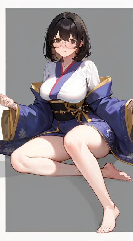 Stema Peace、hanekawa tsubasa、attack of glasses、A dark-haired、large boob、 (Black hair, Brown eyes, Round face), (nose blush, half opened eye),, [Full body shot]、eye glass、Head-to-toe shots、A dark-haired、wearing kimonos、The neck and hem are exposed、