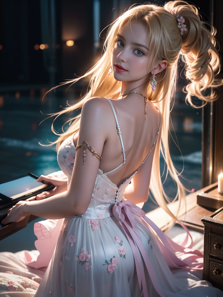 tmasterpiece,Highest image quality,super detailing,Best quality ,Extremely Delicately Beautiful, Very meticulous,Best quality, offcial art, extremely detaild的 CG unified 8k wallpapers, Ana de Armas portrait photo, blond hair blue eyes,Radiant skin and radiant eyes:1.1), pretty skin, lamplight, (Detailed lighting:1.2), (Beautiful and detailed light:1.3), beautiful wedding dress, deep understanding, The beautiful, iintricate, digitial painting, smooth private parts, Focus sharp, The end of the world, Epic reality, (HighDynamicRange:1.4), captivating curves,(pastel colour:1.4), Bigchest,(The most beautiful look),apocalyptic,(The best look,), giving up, com cores neutras, natta, Screen space refraction, (Complicated details, ultra - detailed:1.3), (The sexiest look,),art stations, Cinema lenses, vignet, the complex background, buliding,Enchanted smile,detailed back ground,Dream catcher earrings in various colors,white colors,in pink,purpleish color,red colour,blue colors,orange colors,green color,Cyan lacks color,),No shoulder strap,blossom print,