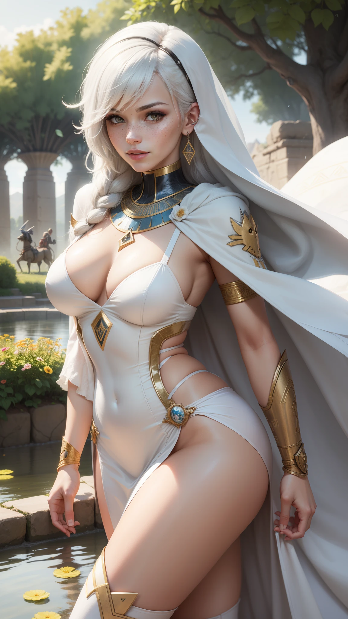 gwen tennyson,yorha 2b,tracer,y'shtola rhul,1girl,overwatch,atelier ryza,close up,meadow view,tattoos,royal yellow and white plugsuit,white short sleeve silk top,full plate egyptian armor,white tight silk skirt,white panties,white embroidery egyptian corset,pharaoh makeup,green eyes,long straight multicolored silver hair,long dress train,sexy smile, freckles,beautiful girl,white egyptian thigh high boots,large breasts,8k,ultra detailed,realistic,fantasy art,egyptian pharaoh uniform,egyptian pharaoh dress,ear piercings,egyptian hand and neck jewelry,(weather:windy),long white egyptian cape,ancient Egypt,pharaoh hair pin,flower petals flying,egyptian pyramid,egyptian pond garden,hand fan,