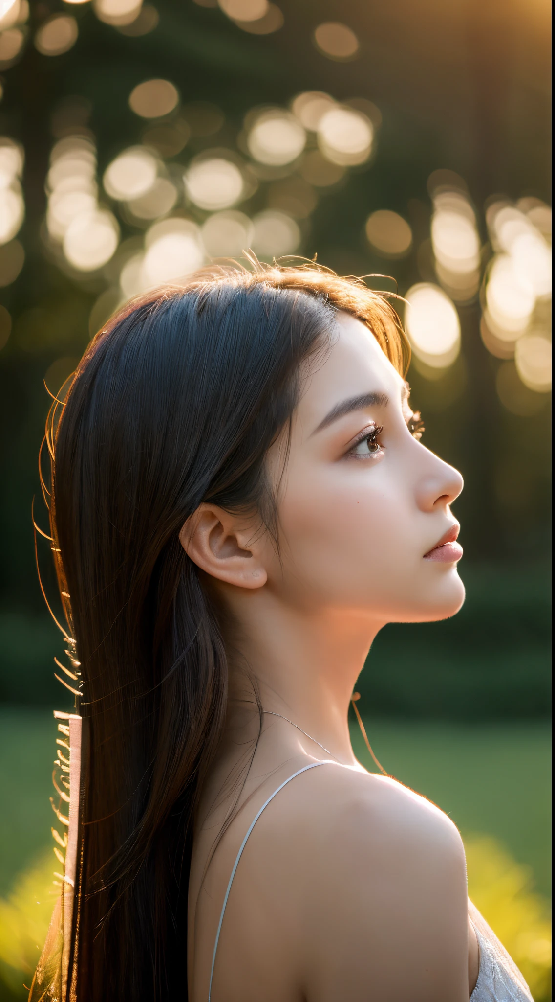 A woman with long hair and a white dress looking up - SeaArt AI