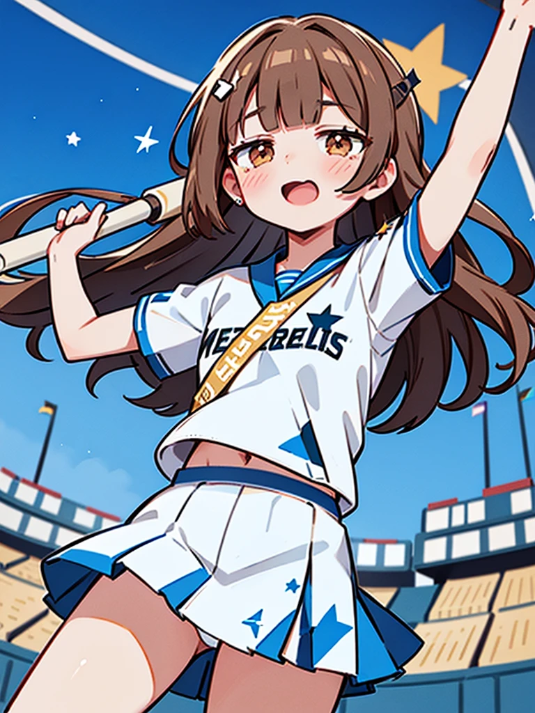 1girl, (solo), mini skirt, (white dot panties),
((Blunt bangs)), brown hair, brown eyes, long straight hair, ((silver-star-hairpin on her right bang)), blue baseball uniform, Left Wing Seats at the baseball stadium, with flag, cheering, full house, shouting, grinps,
masutepiece, ultra-detailliert, best quality,