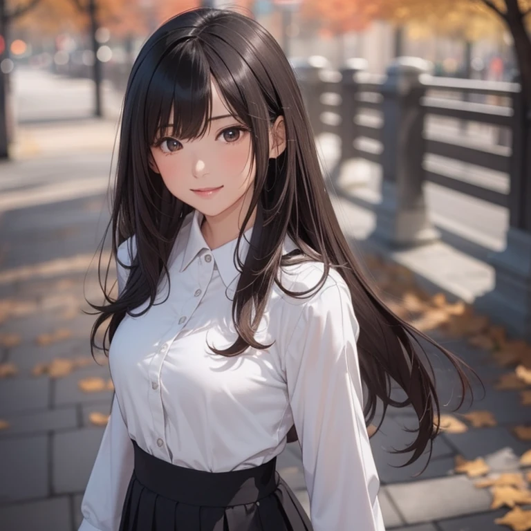 (1girl in:1.Phototriaritic:1.4), (masutepiece, of the highest quality, Best Quality, Official art), ighly detailed, highest details, (Ultra-detailed), ((extremely delicate and beautiful)), Cinematic Light,  Contemporary, 
Silky long hair, (Brown hair), 
She is walking in the park, in the evening, 
Shirt, Long skirt, 
Upper body, From  above, 
Shy, Smile,, 26 years old