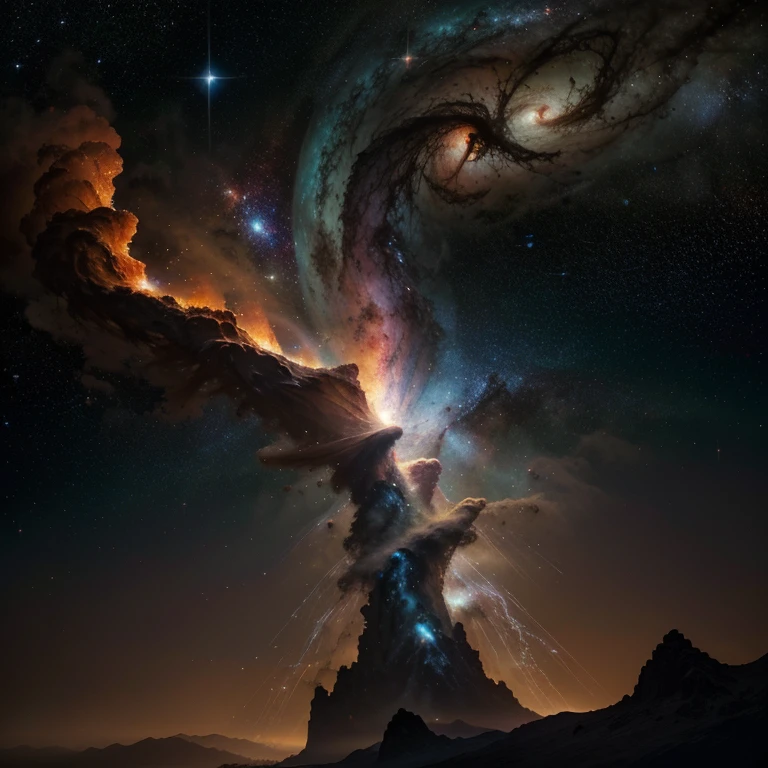 "Imagine-se flutuando no cosmos diante do majestoso &#39;pillars of creation&#39; in the Eagle Nebula. Carved columns of gas and dust, tingidas por uma paleta celestial, onde verdes exuberantes, Deep blues and fiery reds dance in harmony. These structures are silent witnesses to a cosmic spectacle, enquanto a luz quente de estrelas distantes pinta nuances nos pilares, evoking a sense of wonder before stellar creation.

Cada detalhe, de sombras suaves a delicadas nuances de cores, tells the story of billions of years of stellar evolution. The complex mix of emotions - overwhelming and delicate at the same time - is inspired by the stunning beauty and understanding that exists, In the depths of space, new worlds are about to be born.

Ao observar essa maravilha celestial, a deep appreciation for the beauty and complexity of existence in the cosmos emerges, connecting to the timeless cosmic processes that link us to the vast universe."