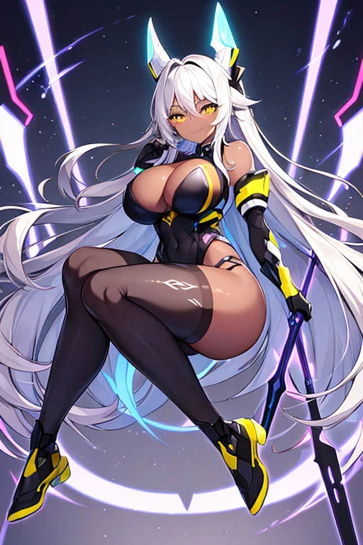 1girl, dark-skinned female, dark skin, white hair, long hair, large breasts, breasts, wide hips, yellow eyes, smile, smirk, smug, bodysuit, black bodysuit, white trim, sleeveless, black pantyhose, pantyhose, white neon trim, neon trim, futuristic, tech, science-fiction, machinery, full body, ((full body)), spear