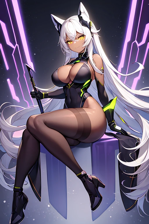 1girl, dark-skinned female, dark skin, white hair, long hair, large breasts, breasts, wide hips, yellow eyes, smile, smirk, smug, bodysuit, black bodysuit, white trim, sleeveless, black pantyhose, pantyhose, white neon trim, neon trim, futuristic, tech, science-fiction, machinery, full body, ((full body)), spear