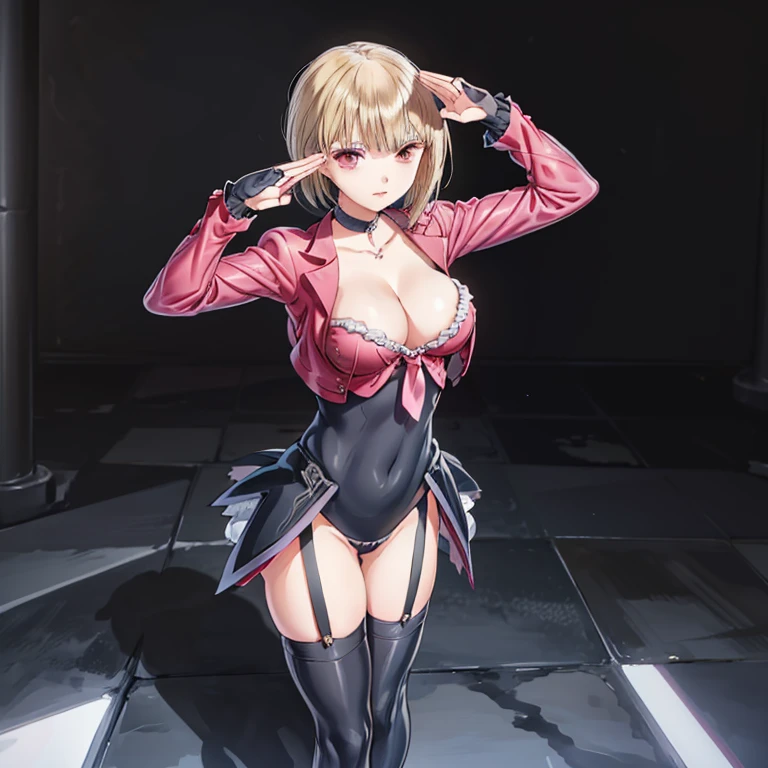 ultra-detailed, Explicit, Beautiful body, Beautiful Nose, Beautiful character design, perfect eyes, perfect face, ultra highres, 4K, beautiful legs, perfect legs, Nice hands, Perfect hand, Masterpiece, Best Quality, Highly detailed, illustration, absurdres, girls, multiple girls, expressionless, blank eyes, looking at viewer, emotionless, black latex, corrution, mind control, female combatant, full body, hypnotized, unhappy trance, full body suit, ribbed bodysuit, both arms at side, stand up straight, obey, perfect female body, extremely glossy latex, hypnosis, hypnoLora, empty eyes, Mind control device, poses, brainwashed, submissive_pose, Slave, hat, necktie, stand up straight, standing, standing at attention, nazi saluting, military, military saluting, salute, right hand saluting, left hand at side, latex, wide hip, thicc, a curvy body, garter belt, black thighhighs, frilled sleeves, stakes of purgatory, leotard, frilled sleeves, red jacket, back bow, black bow, blue reflection, shirai hinako, heterochromia, blue eyes, white elbow gloves, wings, cleavage, blonde hair