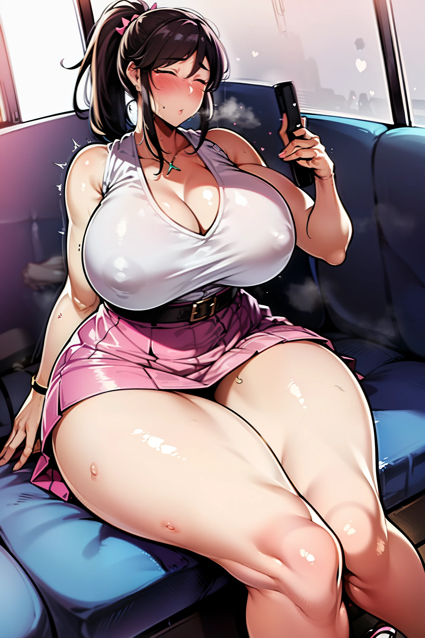 1 beautiful woman, large body, Asian girl, ponytail, outlined eyelids, made-up eyelids, sleeveless shirt, pink shirt, cleavage, skirt, turquoise skirt, high-heeled shoes, cream shoes, brown bag, sleeping sitting on the bus, mouth open, eyes closed