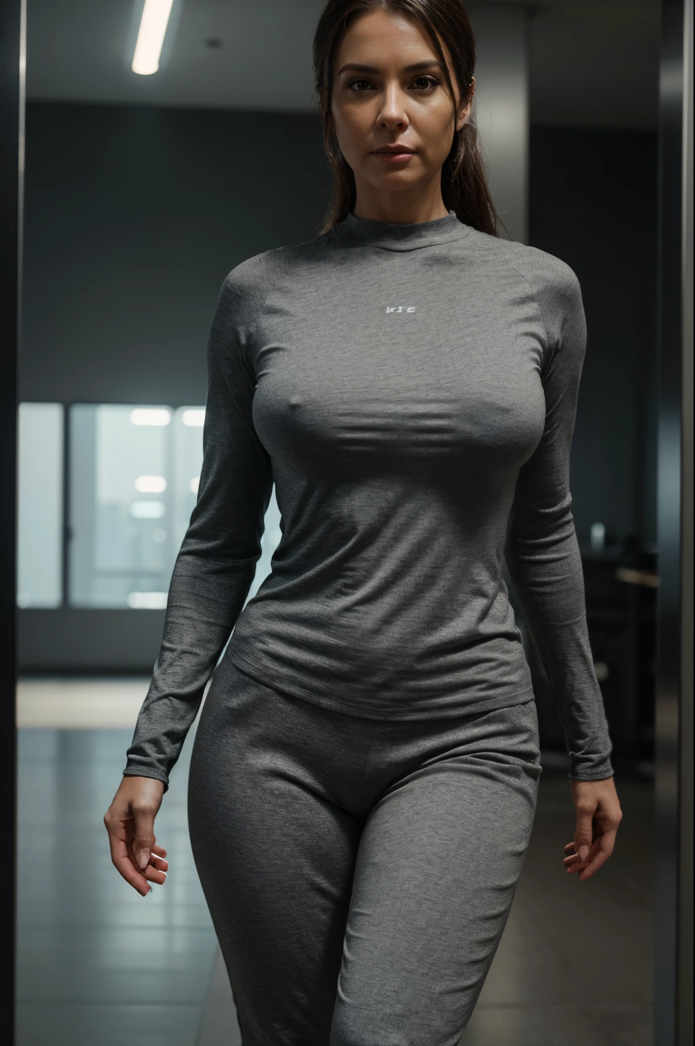 full body reference photo of an futuristic ultra fit american 40 year old woman in grey shirt hyper realistic, detail shot, cinematic, depth of field, cinematic lighting, 8k, ,professional color grading, incredibly detailed photorealistic:: same character, multiple poses: sheet