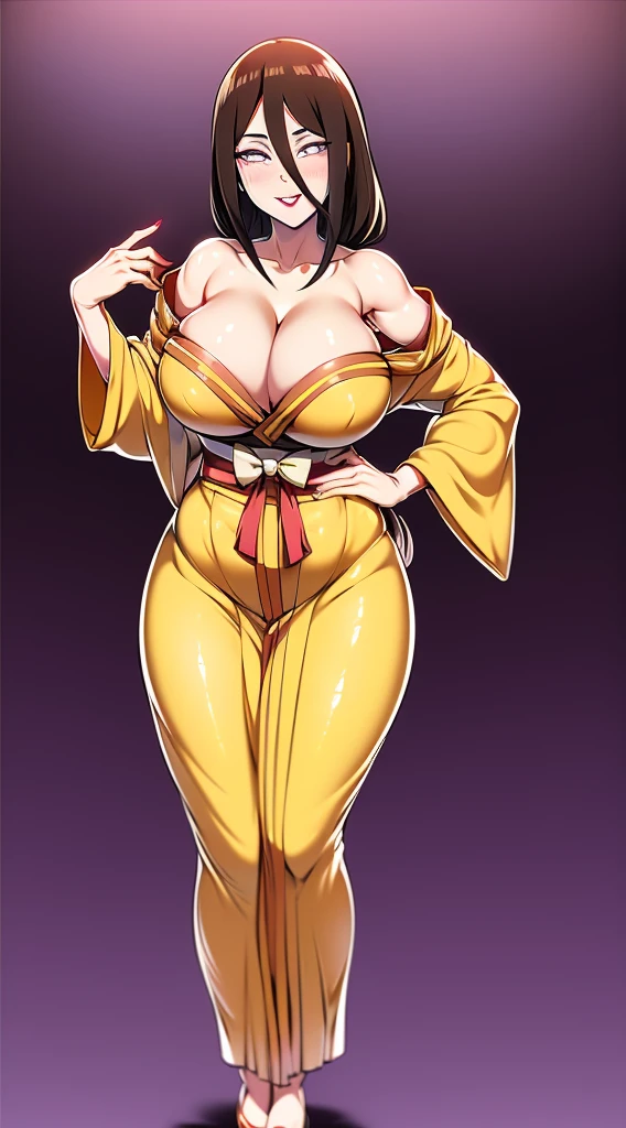 full body, hyuuga hanabi, 30-year-old, long brown hair, hair between eyes, purple eyes, bare shoulders, yellow kimono dress cinched tight, shiny, wide hips, long legs, narrow waist, expensive accessories, royal courtesan, effortless sensuality, eye lashes makeup, big breasts, thick lips, lipstick, seductive smile, careless sex appeal, pose that evokes temptation, glowing arcane tattoos on her forearms