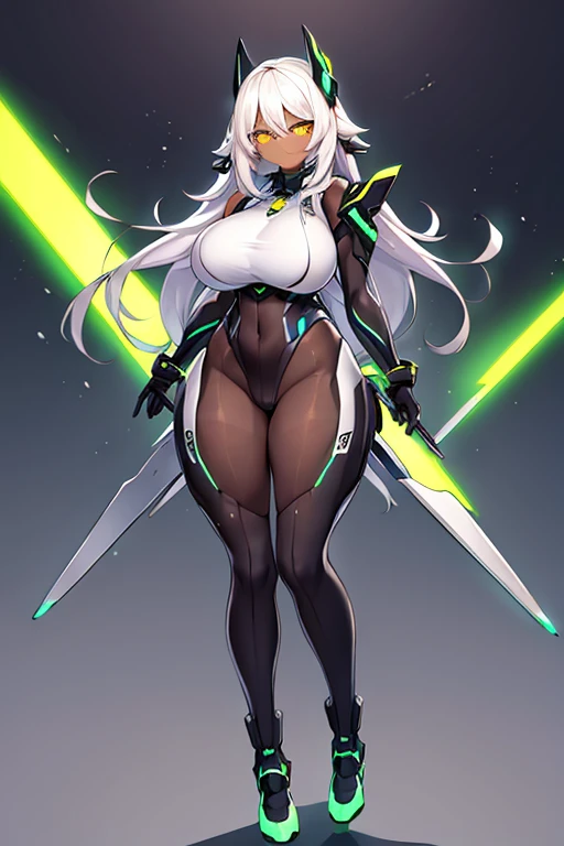 1girl, dark-skinned female, dark skin, white hair, long hair, large breasts, breasts, wide hips, yellow eyes, smile, smirk, smug, bodysuit, black bodysuit, white trim, sleeveless, black pantyhose, pantyhose, white neon trim, neon trim, futuristic, tech, science-fiction, machinery, full body, ((full body)), spear