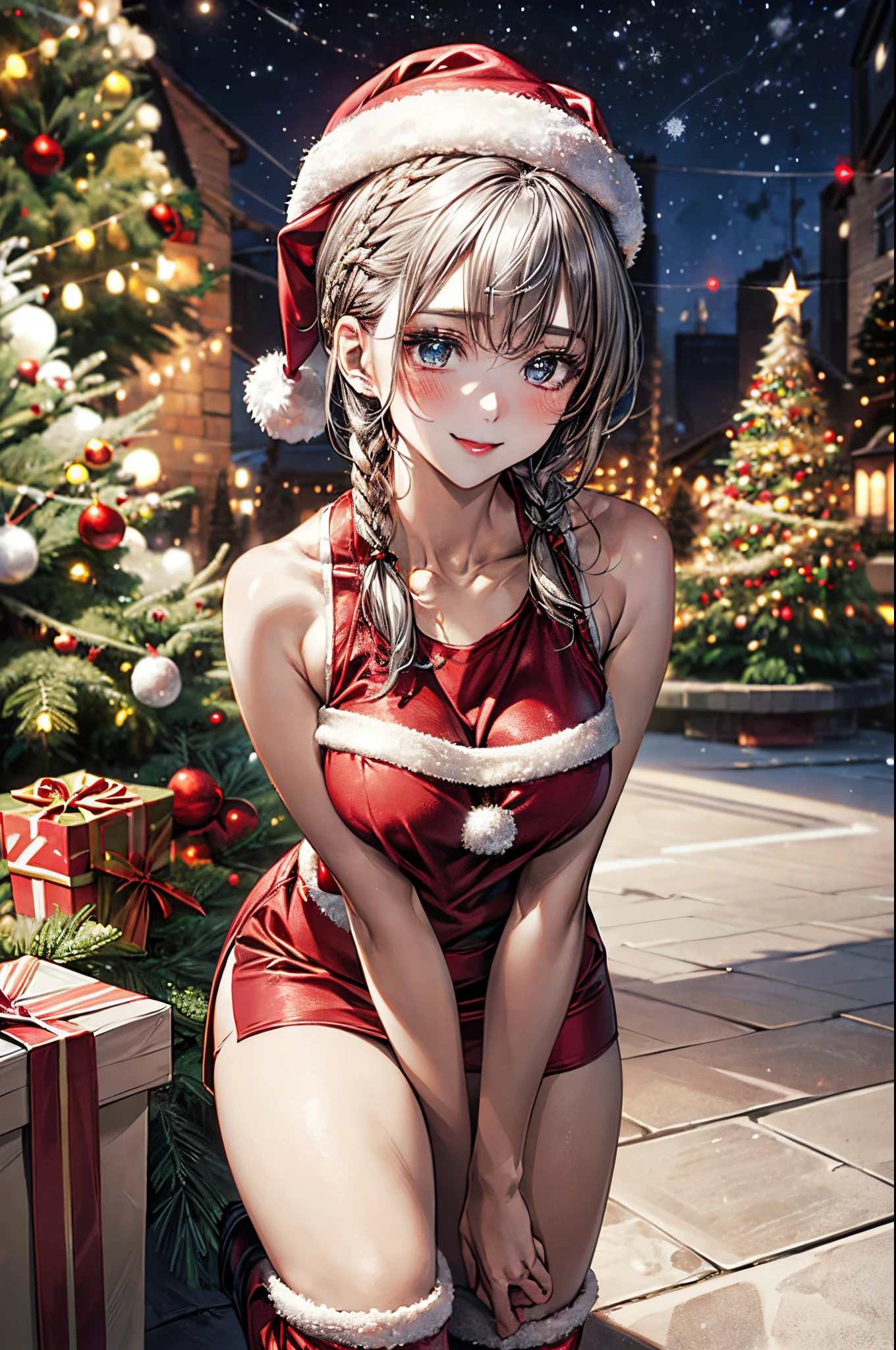 (masterpiece:1.2, top-quality), (realistic, photorealistic:1.4), beautiful illustration, NSFW, looking at viewer, cowboy shot, front view:0.8,
1 girl, japanese, high school girl, beautiful hair, beautiful face, beautiful detailed eyes, (short hair:1.5, twin braid:1.5), silver hair, blue eyes,
beautiful clavicle, beautiful body, beautiful chest, large breasts:0.8, beautiful thighs, beautiful legs, beautiful fingers, bare thighs, (thick thighs, large valleyeautiful scenery), christmas night, indoors, bedroom, (christmas tree:1.3),
((metallic red santa costume, santa style short skirt, santa style tank top, santa style hat, santa style boots)),
(swollen), ((seductive posture:1.2, attractiveness:1.2)),
(erotic, sexy, upper eyes, laugh), shiny skin,
celebration, exquisite details, exciting surprises, shiny ornaments, sparkling tinsel,
anticipation, festive mood, magical ambiance, delightful moment, wonderful memories, christmas magic, extravagant, abundance of presents,
perfect face, cute and symmetrical face, natural side lighting, movie lighting), depth of fields,