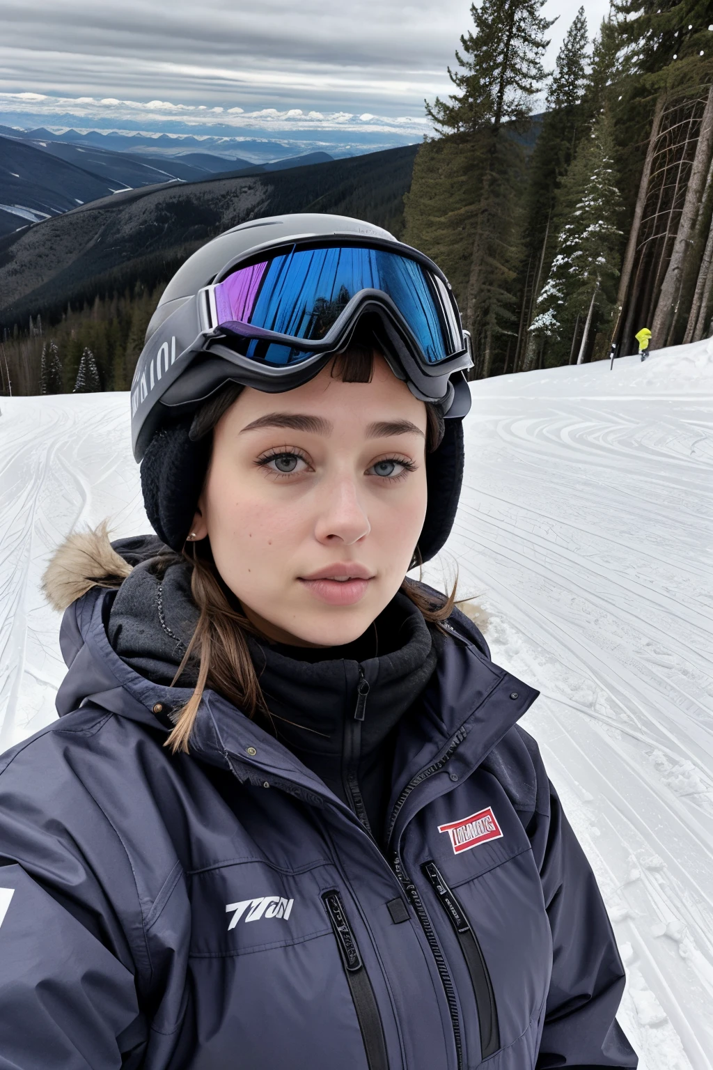 there is a woman in a snowboarding suit, portrait sophie mudd, , thick neck, 24 year old female model, angelawhite, violet myers, 22 years old, she is on a ski resort, 21 years old, italian, Alycia Debnam-Carey, looking straight ahead, hazel eyes, realistic, post-processing, maximum detail, snowboarding, snow, black coat, third person, action
