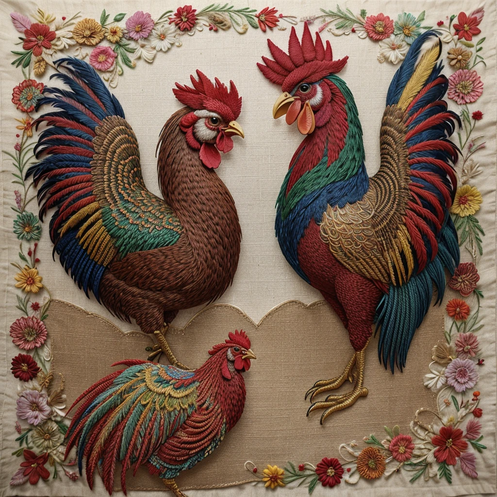 (high quality),detailed,realistic,colorful,embroidery,beautiful rooster and hen on fabric,artistic,traditional design,vibrant colors,handcrafted,delicate stitches,exquisite threads,fine texture,folk art style,sharp focus,eye-catching,ornate feathers,meticulous details