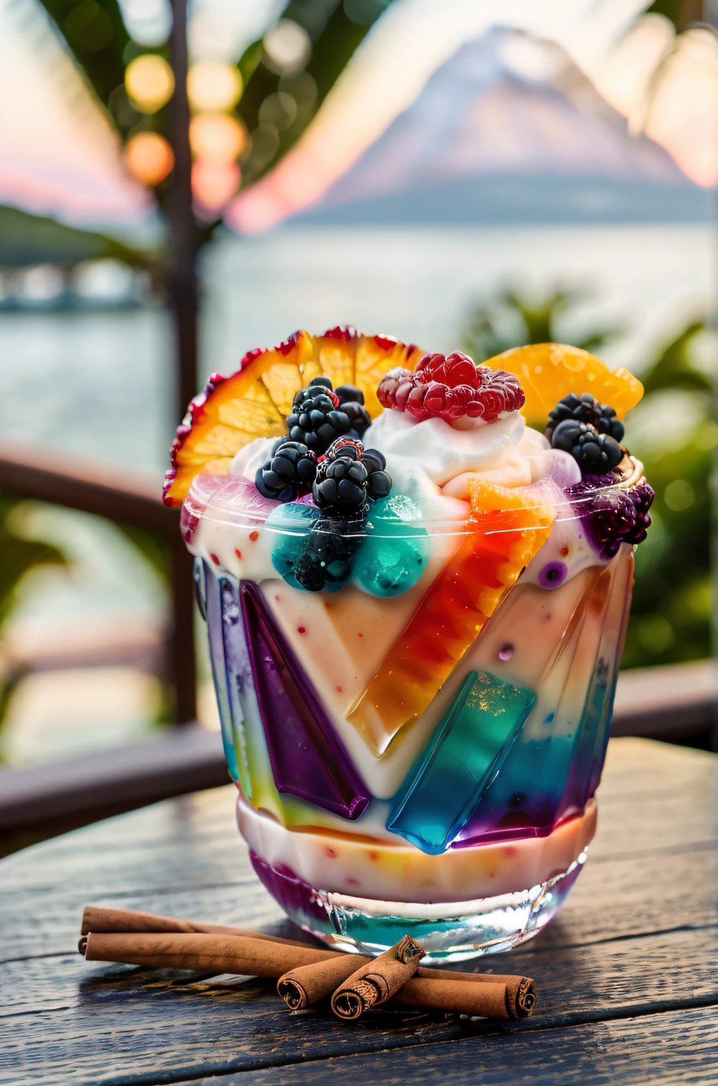 cocktail, cocktailer ,god_father, Tangerine, cinnamon, masterpiece, best quality, photorealistic, landscape: Sea, mountains, Palm trees, Beach, Magnificent sunrise, rainbow whipped cream, Colorful, Faceted glass, amethyst crystal, mother-of-pearl shimmers, Multicolored, Different, Berry yogurt, CocktailWorld, scenery, landscape, Street, Depth of field , ((blurred background)), Masterpiece, Best Quality, ultra detail, (((Multi-layered jelly))) glass, stained glass windows, tmasterpiece, Top Quality, Experience,