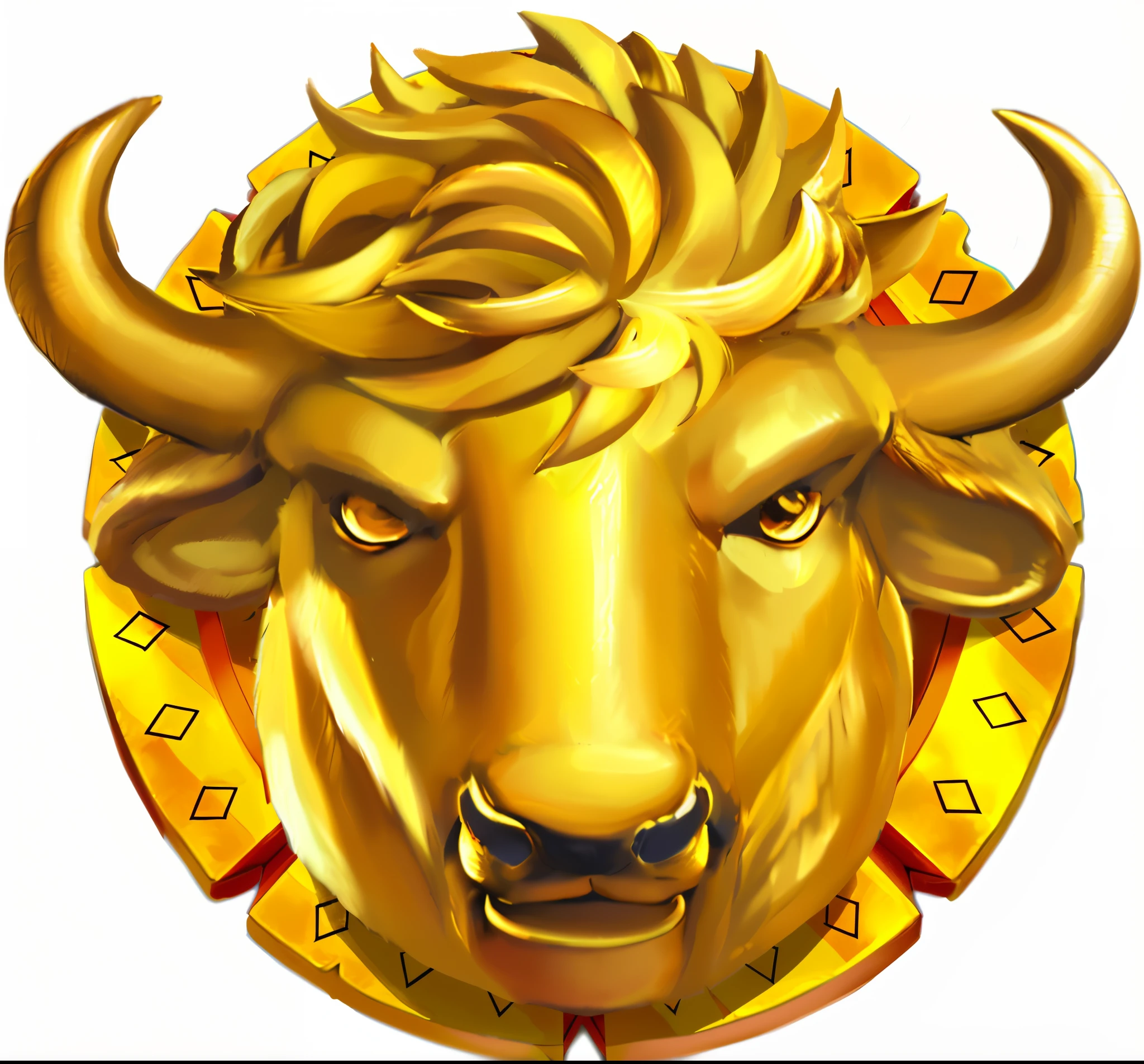 Close up of golden bull head with red color and border, Golden Taurus, cow head, bison god, anthro bull, hyper bullish, Taurus zodiac symbol, Golden Ram Horn, bull market spirit, Inspired by Giuseppe Bernardino Bisson, buffalo, gold noble, Minotaur, face of an ox, similar to a bull\'s, moon bull samurai