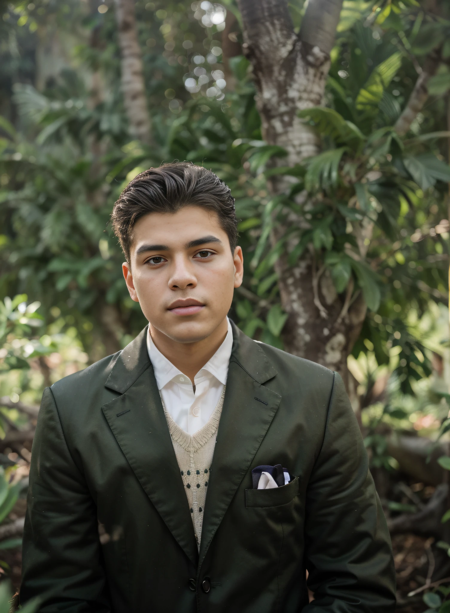 Ultra-realistic portrait of a 20-year-old young man, since the 1960s, cabello negro, Standing in front of a tree.. He wears a classic black wool jacket.., ((chaqueta negra)). camisa blanca.
(white handkerchief and pen on lapel). ((sin corbata)), chaqueta negra de alta nitidez, 8k, alto contraste entre sombras y luces, alta calidad. (green vegetation)