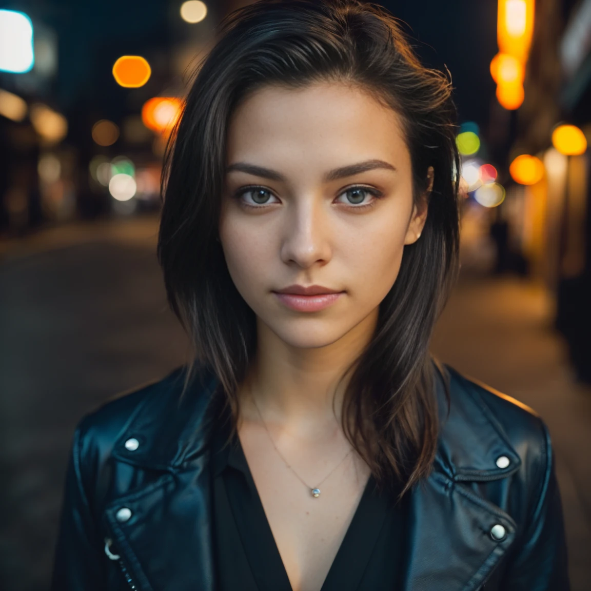 (overhead view: 1.4), (straight half of the torso: 1.4), Portrait photo of a 24-year-old french girl in RAW UHD format (Blue-eyed woman) Walk down the dark alley, night city, Details (textures! , Hair! , glistering, Color!! , imperfections: 1.1), highly detailed glossy eyes (looking at the camera), DSLR Lighting, SLR camera, Ultra-Quality, sharpness, Depth of field, Film grain (Downtown), Fujifilm XT3, Crystal clear, Frame Center, beatiful face, sharp-focus, street lamp, neon lighting, bokeh (dimly lit), night time, (night sky), detailed skin pores, oilly skin, suntan, Complex eye details