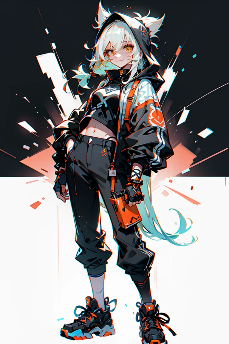 doom \(league of legend\), 1girl huge,pixar-style, Smilingly,Alone, woven, Double up braid, (blue long hair), Surprised eyes,tattoo is, (opens his eyes wide:0.9),See the audience, arm tattoos, medium, lookingat_Shown in_peeking at the viewer, short_the hair, mitts, navel, fail, blue_There are eyes, everlasting, full_body, arma, footwear, collars, Black_mitts, septum, hooded, the hair_exceed_Yoon_There are eyes, _top, hoody, Black_trouser, athletic sneakers, fail_, cropped_jaket, Ed_Shown in_pocket, cyber punk personage, cropped_hoody
