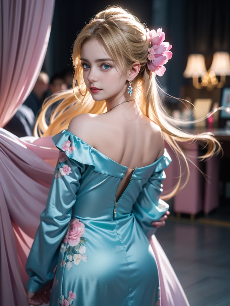 tmasterpiece,Highest image quality,super detailing,Best quality at best ,Extremely Delicately Beautiful, Very meticulous,Best quality at best, offcial art, extremely detaild的 CG unified 8k wallpapers, Ana de Armas portrait photo, blond hair blue eyes,Radiant skin and radiant eyes:1.1), pretty skin, lamplight, (Detailed lighting:1.2), (Beautiful and detailed light:1.3), Beautiful evening dress, deep understanding, The beautiful, iintricate, digitial painting, smooth private parts, Focus sharp, The end of the world, Epic reality, (HighDynamicRange:1.4), captivating curves,(pastel colour:1.4), Bigchest,(The most beautiful look),apocalyptic,(The best look,), giving up, com cores neutras, natta, Screen space refraction, (Complicated details, ultra - detailed:1.3), (The sexiest look,),art stations, Cinema lenses, vignet, the complex background, buliding,Enchanted smile,detailed back ground,Dream catcher earrings in various colors,white colors,in pink,purpleish color,red colour,blue colors,orange colors,green color,Cyan lacks color,),No shoulder strap,blossom print,open evening gown,