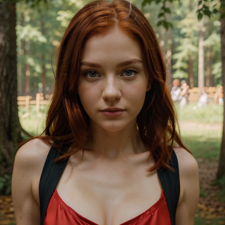 photo of a leashed redhead curly hair woman walking, collar, perfect face, masterpiece, perfect lighting, incredible detail, full body
