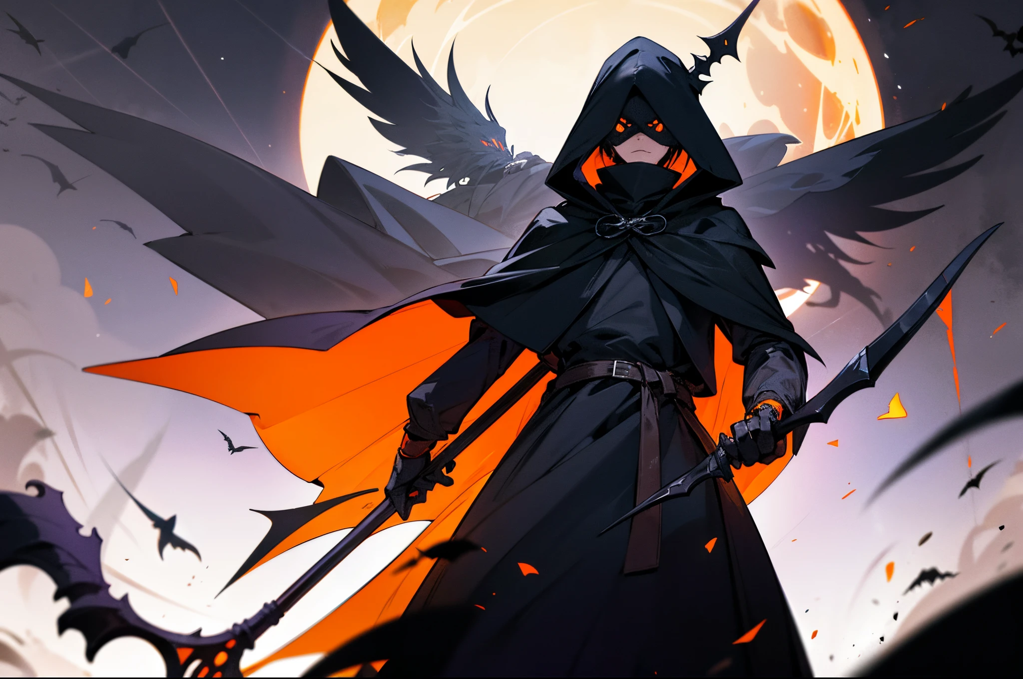 pumpkin head，Humanoid object，Black lining，a black cloak，glowing light eyes，Halloween feeling，Black scythe，scarecrow feeling，cawing ravens