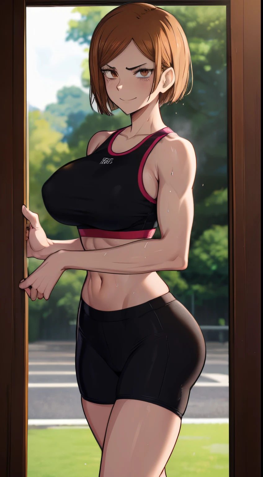 (masterpiece, best quality) mature woman, crisp breasts (large breast), solo, short hair, bangs, brown hair, light brown eyes, Nobara Kugisaki from "Jujutsu Kaisen", smiling, (slim body, very thin waist) , muscular body, wet body, (black gym clothes), zoom, (sweating), (standing), flushed face, red cheeks, looking at viewer, 16k, focus on face, sharp focus, dramatic lighting, drop shadow , anime style, shine, digital illustration, anatomically correct, Pov, in the center of the Image, wallpapers, HDR, Ray Traced Image, beautiful detailed face, beautiful detailed eyes, High Detail Skin, Visible Pores, sharp focus, scenery of a gym, (sfw)