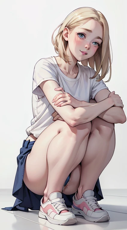 high detailed, masterpiece 1girl, pale skin, sitting bottom on floor, (leaning forward into knees), (knees up against chest: 1.3) (arms hugging knees: 1.4), subtle smile, pouting, full lips, blonde hair, blue eyes, perfect hands, flat bust, wide hips, very wide waist, round face, (round fat chubby body: 1.2), clean scene, white background, white wall, shiny floor, white floor, (baggy pale pink tshirt) (panties) (white skate shoes sneakers)