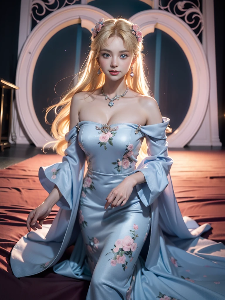 tmasterpiece，Highest image quality，super detailing，Best quality ,Extremely Delicately Beautiful, Very meticulous,Best quality, offcial art, extremely detaild的 CG unified 8k wallpapers, Ana de Armas portrait photo, blond hair blue eyes，Radiant skin and radiant eyes:1.1), pretty skin, lamplight, (Detailed lighting:1.2), (Beautiful and detailed light:1.3), Beautiful evening dress, deep understanding, The beautiful, iintricate, digitial painting, smooth private parts, Focus sharp, The end of the world, Epic reality, (HighDynamicRange:1.4), captivating curves，(pastel colour:1.4), Bigchest，（The most beautiful look），apocalyptic,（The best look，）， giving up, com cores neutras, natta, Screen space refraction, (Complicated details, ultra - detailed:1.3), （The sexiest look，），art  stations, Cinema lenses, vignet, the complex background, buliding，Enchanted smile，detailed back ground，Dream catcher earrings in various colors，white colors，in pink，purpleish color，red colour，blue colors，orange colors，green color，Cyan lacks color，），No shoulder strap，blossom print,open evening gown，sexyposture，