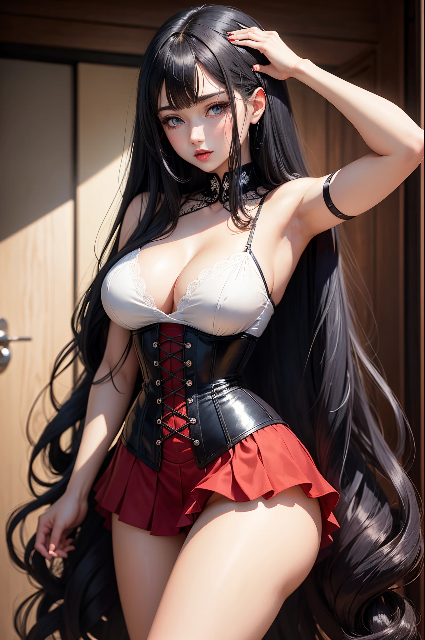 (Anime) (Long wavy black hair) (Blue eyes) (blue eyes) (blue eyes) (red lips) (pale white skin) (large breasts) (white lace spaghetti strap silk shirt) (black corset) (red mini skirt)