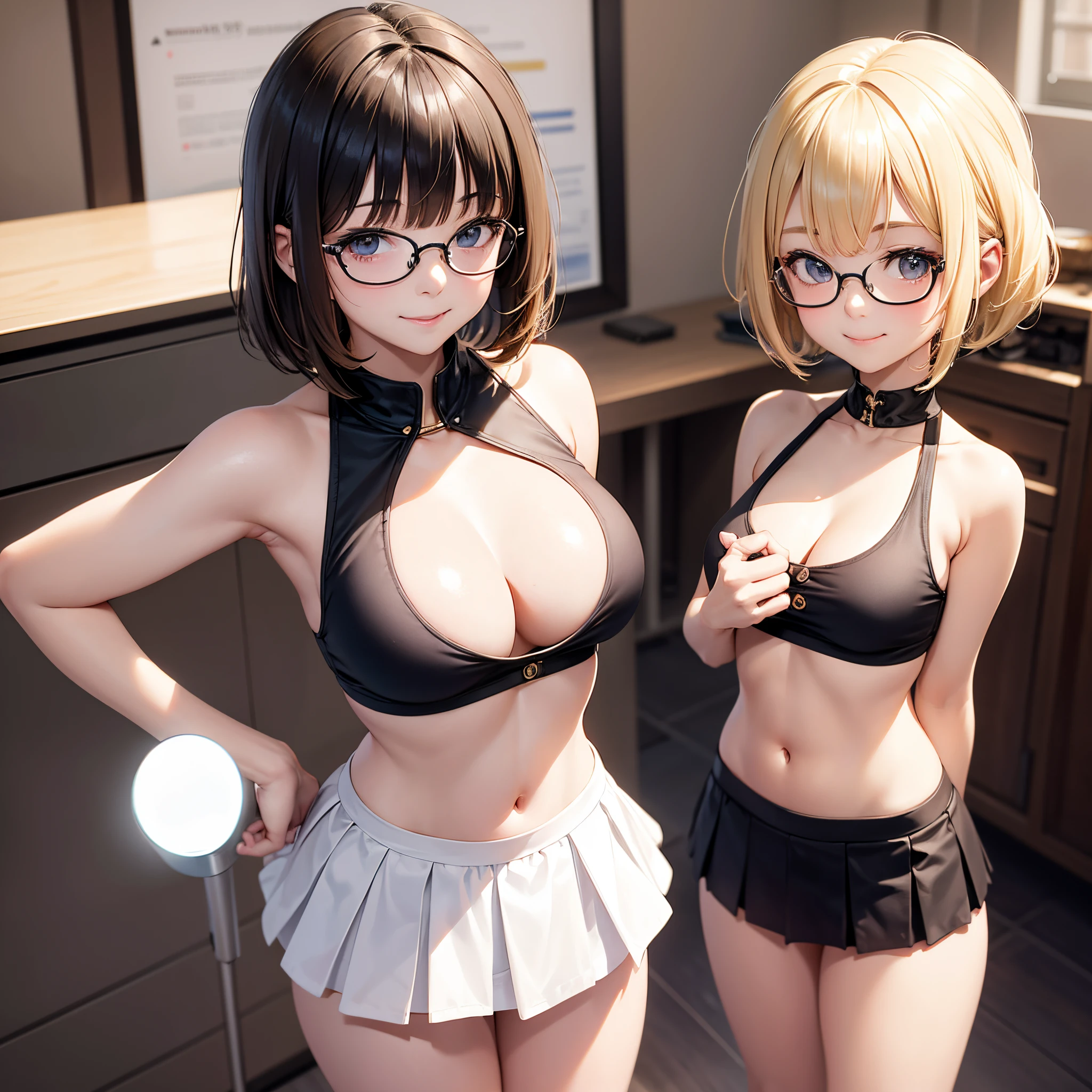 bangs, loli body, 14 year old girl, crop top, blonde hairstyles,  cleavage, mouth, round , smiling, tight, Ultra -HD | |, 4k image, glasses, character near the camera,  pose, micro skirt, perfect hands