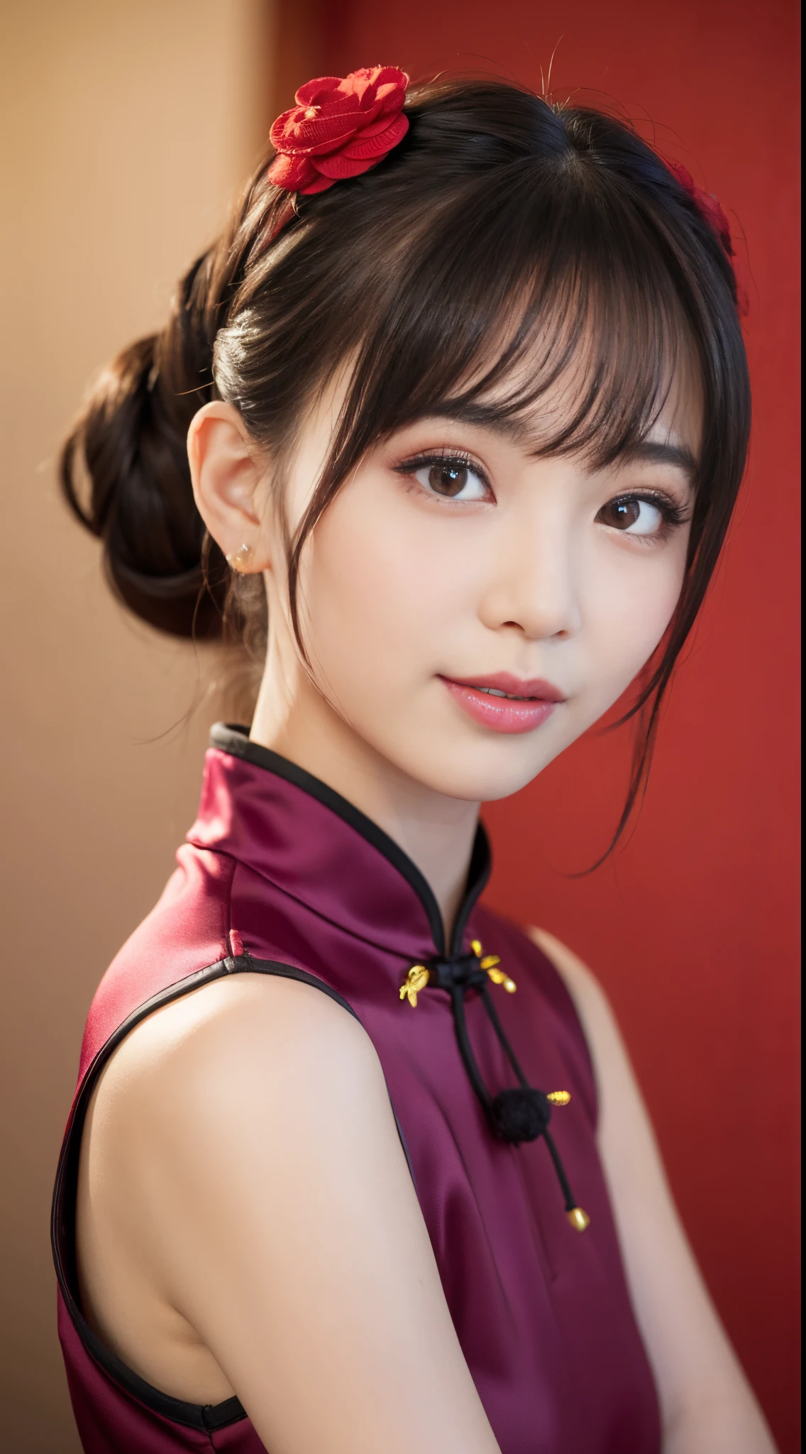 (top-quality、8K、​masterpiece、nffsw:1.2)、Three 19-year-old slender beauties lined up，Flashy makeup with red eyeshadow，二重まぶた，delicate mid-cut ponytail，sexy cheongsam and silk miniskirt，The best smile，She is wearing a sexy short colorful cheongsam。。。。。，Chinese dress with deep slit，draw hands correctly，The background is the bright interior of a Chinese restaurant......，