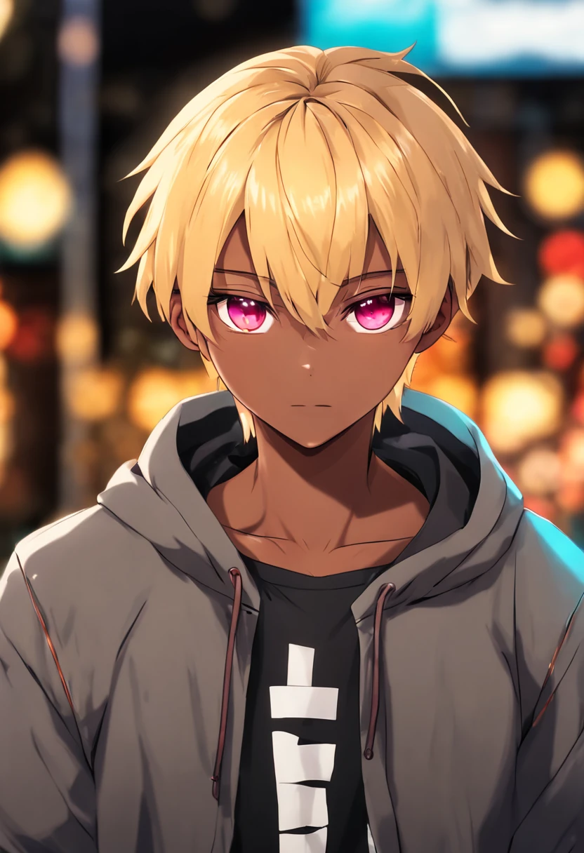 (best quality, highres, vivid colors:1.2), (portrait:1.1), (clean anime style:1.1), (HDR:1.1), (professional:1.1), (photography:1.1), (studio lighting:1.1), (ultra-detailed:1.1), (bokeh:1.1), (sharp focus:1.1), (physically-based rendering:1.1), (extreme detail:1.1), (4k:1.1), (8k:1.1), (male:1.1), (blonde hair:1.1), (pretty boy:1.1), (dark skin:1.1), (short messy hair:1.1), (pink eyes:1.1), (casual feminine outfits:1.1), (cute:1.1), (dark skin:1.1), (solo:1.1), (femboy:1.1), (flat chest:1.1)