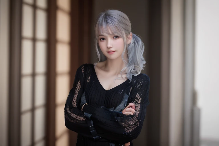 (8K, Photorealistic, Raw photo, of the highest quality: 1.3), (1girl in), Super beautiful, (Realistic face), (boyish, Silver Color Berry Shorthair), Beautiful , Glare that captivates the viewer, Beautiful expression, Beautiful breasts, (Realistic skin), Be...