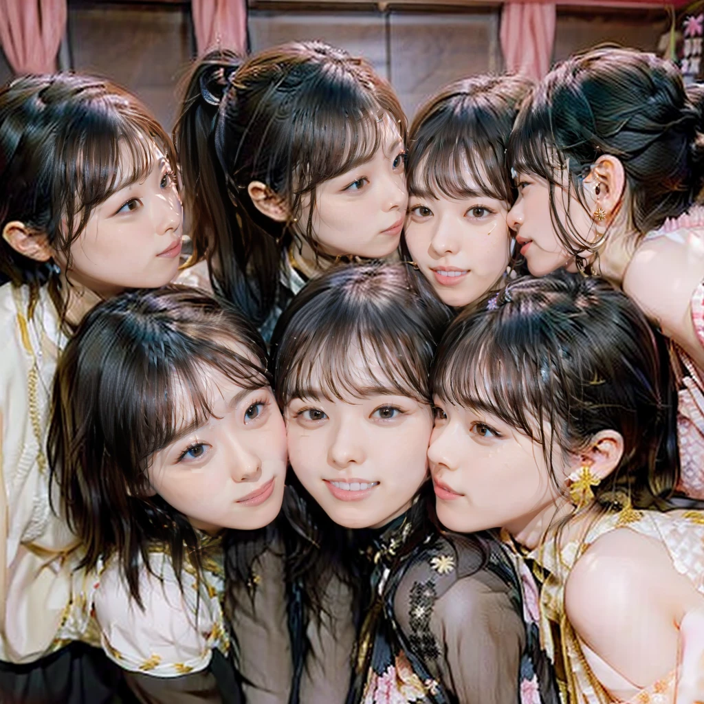 Raw photo、((5girls)),Open eyes、Five women kissing and loving each other、The same face、A dark-haired、a smile、same person、(lesbian orgy)