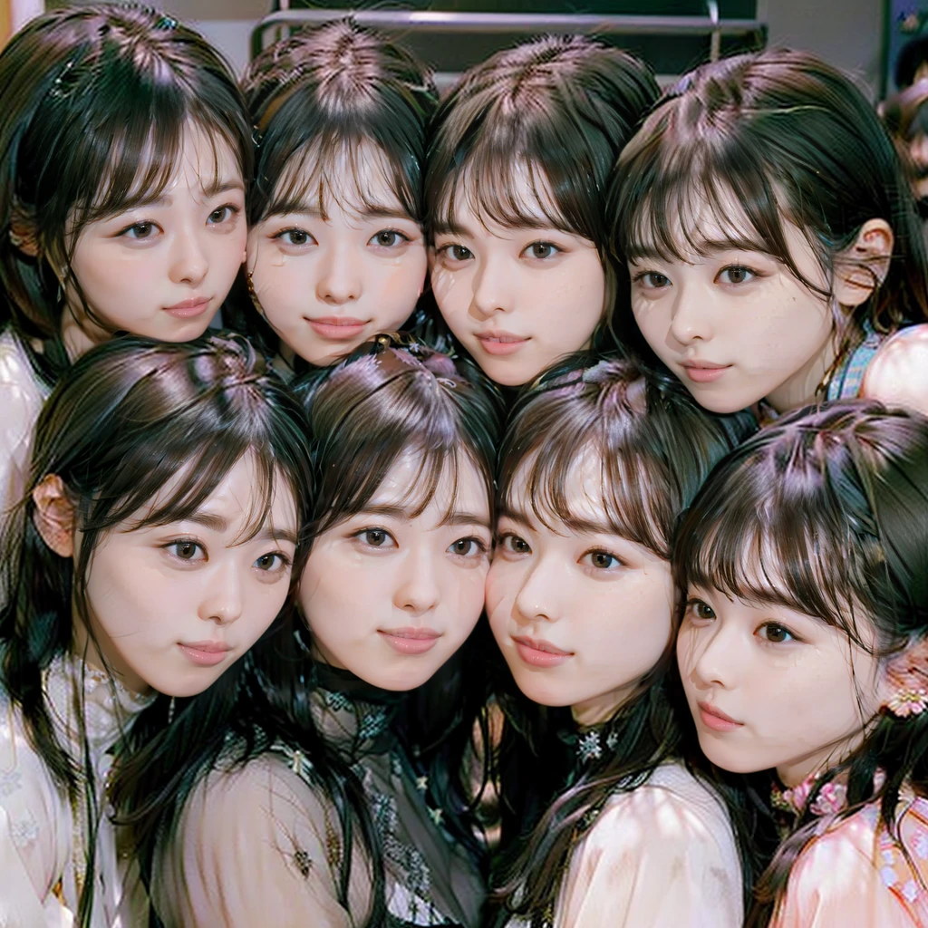 Raw photo、((5girls)),Open eyes、Five women kissing and loving each other、The same face、A dark-haired、a smile、same person、(lesbian orgy)