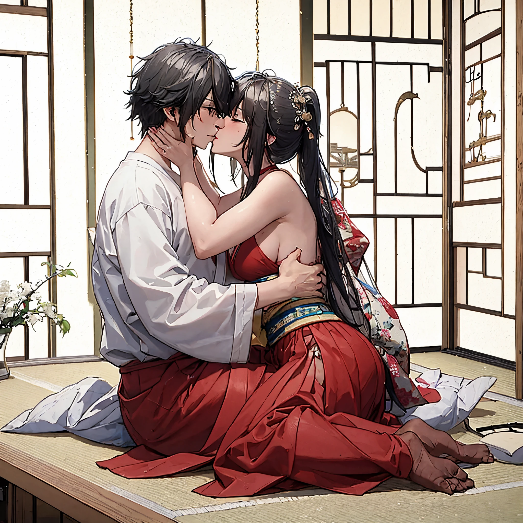 anime artwork, score_9, score_8_up, score_7_up, score_6_up, score_5_up, score_4_up, hu tao, she is 24 years old, style_3, sitting,,,,,,,He's taller than her,,, , 1boy, zhongli, breast grab, they are kissing, indoors, floox style, nude,naked