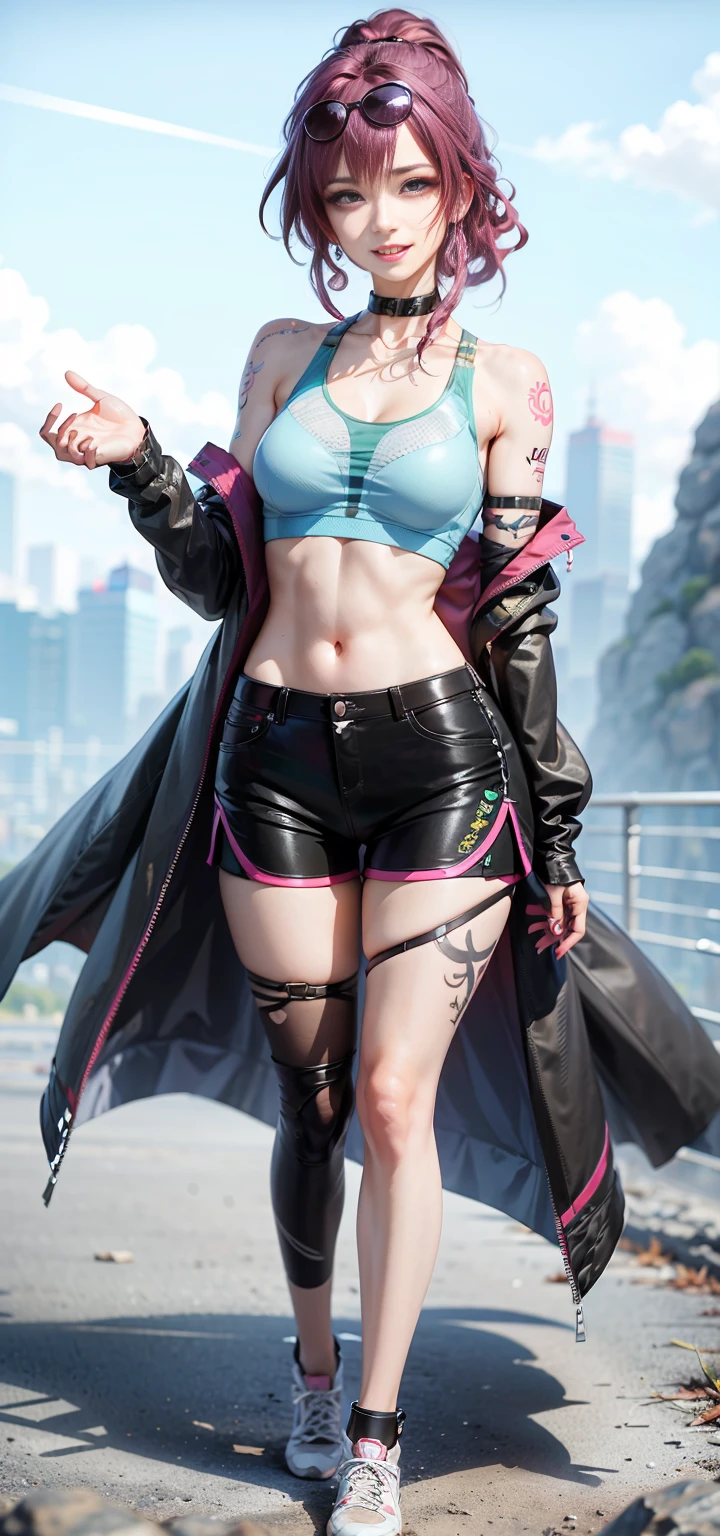 white-haired girl, High ponytail hairstyle, ((((Sports Bra))), Succubus tattoo on the lower abdomen, tight low waist, Shorts, pantyhose, Full body photo, Happy laughter, Shyness, fascinated expression, Peach heart in the eye, (Detailed depiction of the eyes), Sexy long legs, thin waist, Sweat falls on the lower back, reveal the lower abdomen, Succubus Tattoo Extreme Detail, and wings of fire, Dark Rock Method, 2D blush, Crazy, tusk, Drooling, Pink hair, asymmetric bangs, see-through outfit, hands on thighs, Look away, 8K resolution, Raised eyebrows, Shiny hair, flower on head, wristbands, bandaged