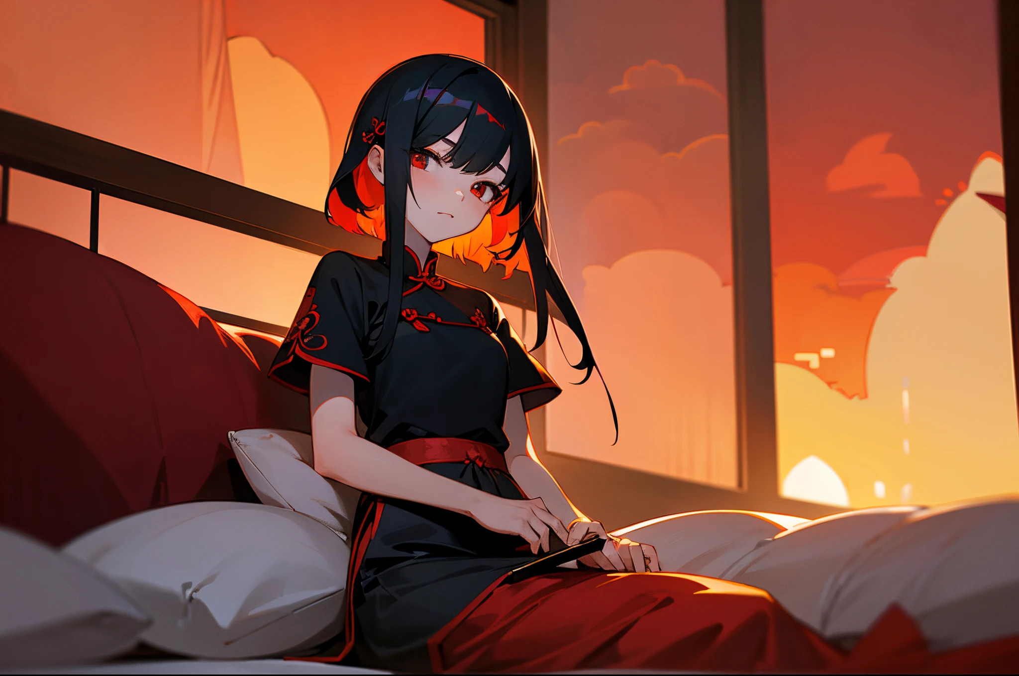 teens girl,black color hair,red color eyes,China-style,Dango head,starrysky,Red cheongsam,Sit at the head of the bed,Red sunlight,the setting sun,Ancient Chinese windows,short sword,incredulous